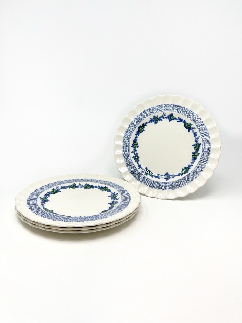 Copeland Spode Blue Belle Set of 4 Salad Plates Basketweave Antique Vintage